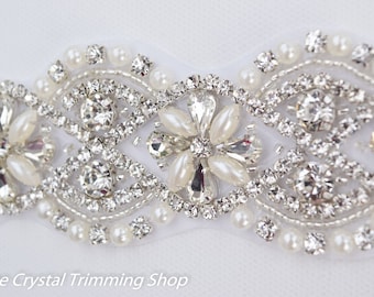 Crystal Rhinestone and Pearl Trim by the Yard -Wholesale Bridal Trim-rhinestone and pearl Thick Bridal Trim Rhinestone Applique TR45P