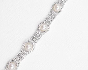 Crystal pearl Rhinestone Trim by the Yard - Wholesale Bridal Trim - Thin pearl and rhinestone Trim - Wedding Rhinestone Applique [TR-078]