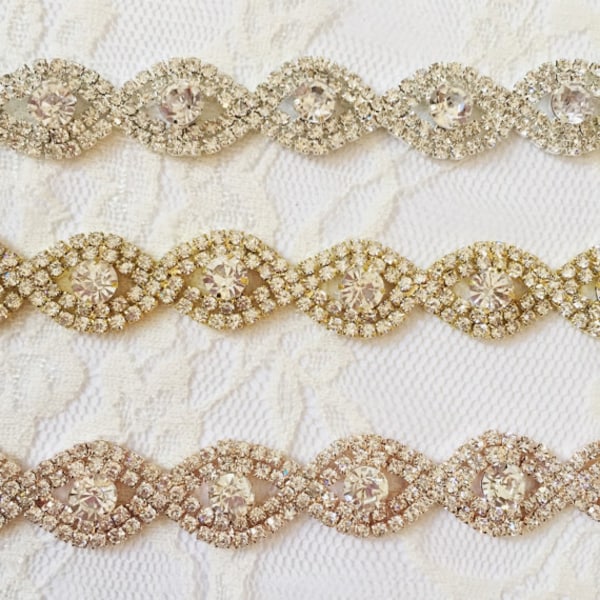 Crystal Rhinestone Trim by the Yard and Half Yard - Wholesale Bridal Trim - Thin Crystal Trim - Rose Gold-Rhinestone Applique [Style TR36]