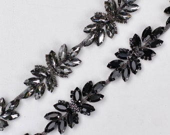 Black Crystal Rhinestone Trim by the Yard- Wholesale Bridal Trim- Thin Crystal Thick Black Rhinestone Applique Black Cupchain  [Style TR50]
