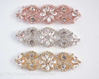 4" small Crystal Rose Gold Rhinestone Applique DIY Baby Headband bridal garter- Rose Gold bridal Applique hotfix Crystal motif [TR-021]