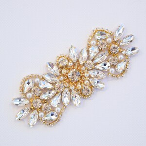 Gold Crystal Rhinestone Applique-pearl and rhinestone applique-crystal applique-gold wedding applique- Gold Applique- Gold