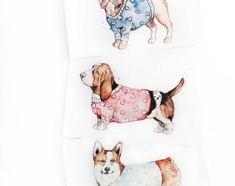 Little Dogs Trio | Watercolor | Drawing | Print | Small | Cute | Sweater | Marie-Eve Arpin | Illustration | Cute | Corgi | Basset | Pug