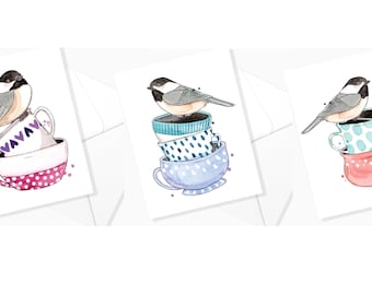 Carte de souhaits LES MÉSANGES à TASSE de Thé |  Carte de Voeux Oiseaux | Illustration Mésange |  Dessin de Thé |  Marie-Eve Arpin