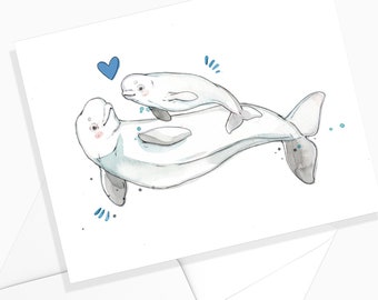 Carte Béluga Duo St-Valentin | Aquarelle Animaux Marins | Carte de voeux | Illustration Baleine | Nature Papeterie | Marie-Eve Arpin Art