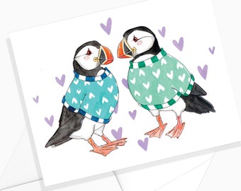 Carte Duo de Macareux de St-Valentin | Aquarelle Animaux Marins | Carte de voeux | Oiseaux | Nature Papeterie | Marie-Eve Arpin Art