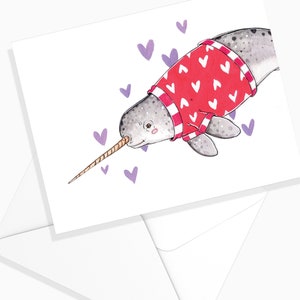 Carte Narval de St-Valentin | Aquarelle Animaux Marins | Carte de voeux | Illustration Baleine | Nature Papeterie | Marie-Eve Arpin Art