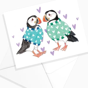 Carte Duo de Macareux de St-Valentin | Aquarelle Animaux Marins | Carte de voeux | Oiseaux | Nature Papeterie | Marie-Eve Arpin Art