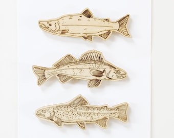 WOOD MAGNETS SET | Fish from Quebec | Walleye Salmon Trout | Laser Engraving | Linden wood | Illustration | Marie-Eve Arpin