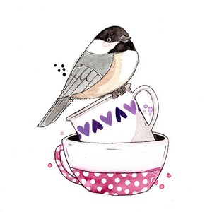 | Cup Poster Cup of | Tea Watercolor and Bird Poster | Marie-Eve Arpin | Made in Quebec| Drawing of | Animals Stationery