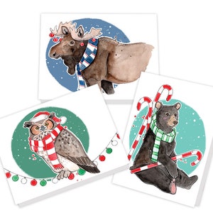Carte de Souhaits Hibou - Ours - Orignal  | Temps des Fêtes | Carte Noël | Papeterie de Noël | Carte de Voeux de Noël | Marie-Eve Arpin