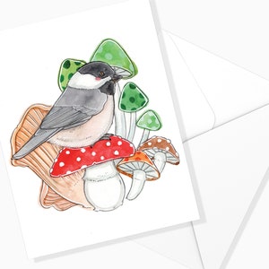 Carte Mésange d'Automne | Animaux Champignons | Papeterie Automne | Carte Aquarelle | Marie-Eve Arpin | Carte de souhaits | Carte de voeux