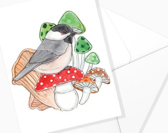 Carte Mésange d'Automne | Animaux Champignons | Papeterie Automne | Carte Aquarelle | Marie-Eve Arpin | Carte de souhaits | Carte de voeux
