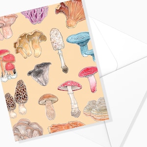 Carte de souhaits Champignons - Fond Jaune | Chanterelle | Morille | Amanite | Aquarelle | Illustration Mycologue | Marie-Eve Arpin
