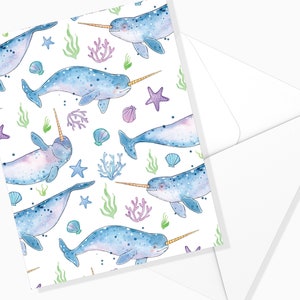 Carte de souhaits de Motif Les Narvals | Animaux Marins | Carte de voeux  | Illustration Baleine | Fait Québec | Papeterie | Marie-Eve Arpin