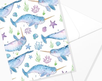 Motif Les Narvals wish card | Marine animals| Greeting card| Illustration Whale | Made Quebec| Stationery| Marie-Eve Arpin