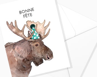 Carte Anniversaire Orignal Bonne Fête | Papeterie de Fête | Illustration Animaux | Fait au Québec | Carte de Souhaits | Forêt | Aquarelle