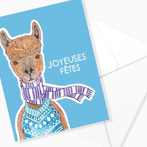 Carte de Souhaits Alpaga des Fêtes - Bleu | Temps des Fêtes | Carte Noël | Papeterie de Noël | Carte de Voeux de Noël | Marie-Eve Arpin