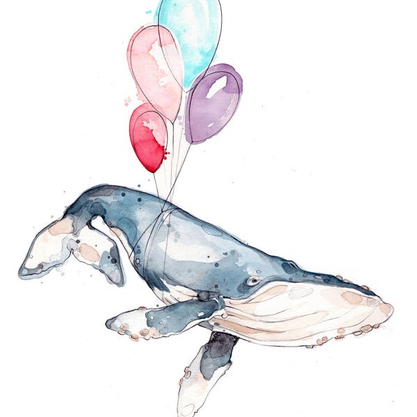 Baleine aux ballons | Reproduction | Aquarelle | Print | Baleine à bosses | Illustration | Festif | Marin | Marie-Eve Arpin | Art | Unique