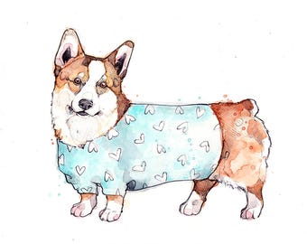 Little Illustration of Corgi with Sweater | Watercolor | Drawing | Animal | Marie-Eve Arpin | Dog | Art | Cute | Deco | Corgi | Print