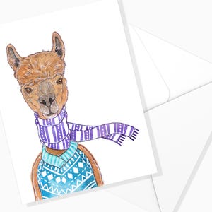 Carte de Souhaits Alpaga des Fêtes - Blanc | Temps des Fêtes | Carte Noël | Papeterie de Noël | Carte de Voeux de Noël | Marie-Eve Arpin