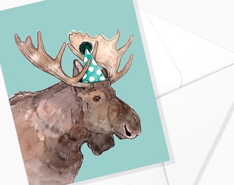 Carte Anniversaire Orignal | Papeterie de Fête | Illustration Animaux | Fait au Québec | Carte de Souhaits | Forêt | Aquarelle