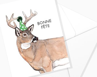 Carte Anniversaire Cerf Bonne Fête | Papeterie de Fête | Illustration Animaux | Fait au Québec | Carte de Souhaits | Forêt | Aquarelle