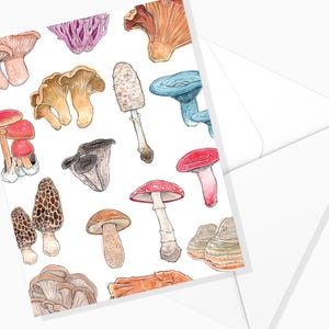 Carte de souhaits Champignons - Fond Jaune | Chanterelle | Morille | Amanite | Aquarelle | Illustration Mycologue | Marie-Eve Arpin
