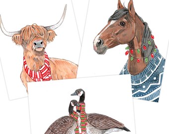 Greeting Card | Horse - Highland Cow - Goose | Holiday Season | Christmas Card | Christmas Stationery | Greeting Card | Marie-Eve Arpin
