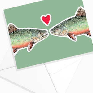 Carte Truite St-Valentin | Aquarelle Poisson Amour Coeur | Carte de voeux | Illustration Cute | Nature Papeterie | Marie-Eve Arpin Art