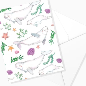 Mappa familiare di Belugas e cuori | Animali marini| Cancelleria| Scheda acquerello | Marie-Eve Arpin | Biglietto di auguri| Biglietto di auguri