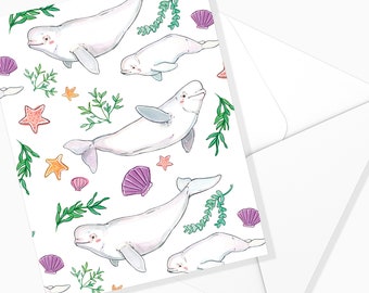 Family Map of Belugas and hearts | Marine animals| Stationery| Watercolor card | Marie-Eve Arpin | Greeting card| Greeting card