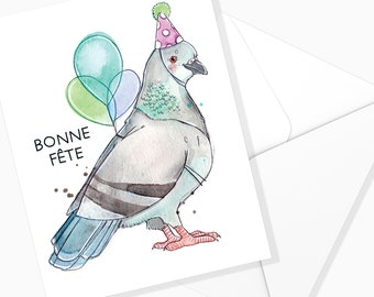 Carte de Fête Pigeon | Bonne Fête Animaux | Papeterie de Fête | Carte Aquarelle | Marie-Eve Arpin | Carte de souhaits | Carte de voeux