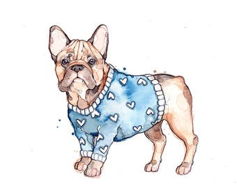 Little Illustration of French Bulldog with Sweater | Watercolor | Drawing | Animal | Marie-Eve Arpin | Dog | Art | Cute | Corgi | Print