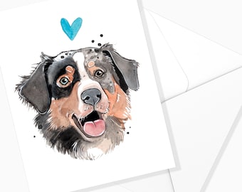 Carte de Souhaits Berger Australien | Papeterie de Chien | Illustration Chien | Fait au Québec | Carte de Chien | Canin | Aquarelle Chien