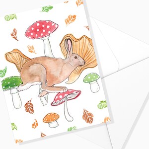 Carte Lièvre d'Automne II | Animaux Champignons | Papeterie Automne | Carte Aquarelle | Marie-Eve Arpin | Carte de souhaits | Carte de voeux