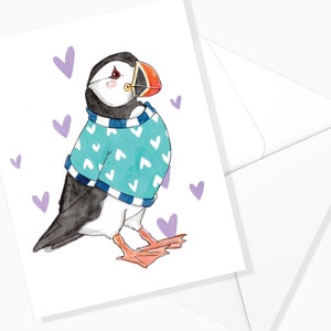 Valentine's Day Puffin Map | Watercolor Marine Animals | Greeting card| Illustration of | birds Nature Stationery | Marie-Eve Arpin Art