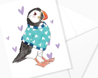 Carte Macareux de St-Valentin | Aquarelle Animaux Marins | Carte de voeux | Illustration d'oiseaux | Nature Papeterie | Marie-Eve Arpin Art