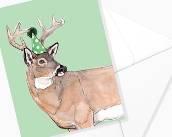 Deer Birthday Card | Deer | Party Stationery | Animal Illustration | Made in Quebec | Wish Card | Forest | Watercolor