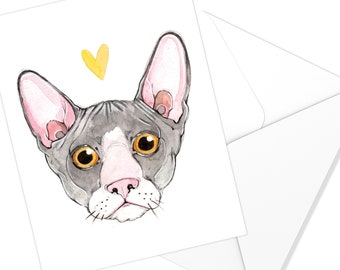 Cartão do gato de Rex de <br> Entrega Rápida? Aquarela Animais Felinos | Cartão comemorativo | Ilustração do gato Rex | Artigos de papelaria exclusivos | Arte Marie-Eve Arpin