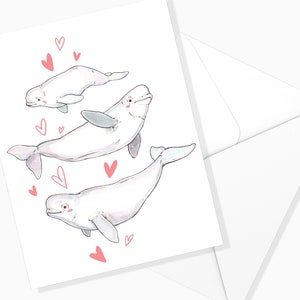 Carte Famille de Bélugas et Coeurs | Animaux Marins | Papeterie | Carte Aquarelle | Marie-Eve Arpin | Carte de souhaits | Carte de voeux