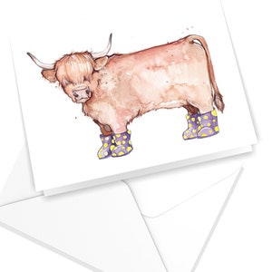 Carte de souhaits Vache Highland à Bottes | Aquarelle Vache | Carte de voeux | Illustration de Vache | Animaux Carte | Marie-Eve Arpin Art