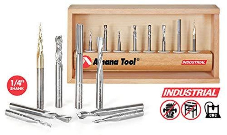 Amana Tool AMS-137 8-Pc Spiral Compression 14-Inch SHK Tapered /& Straight CNC Router Bit Collection