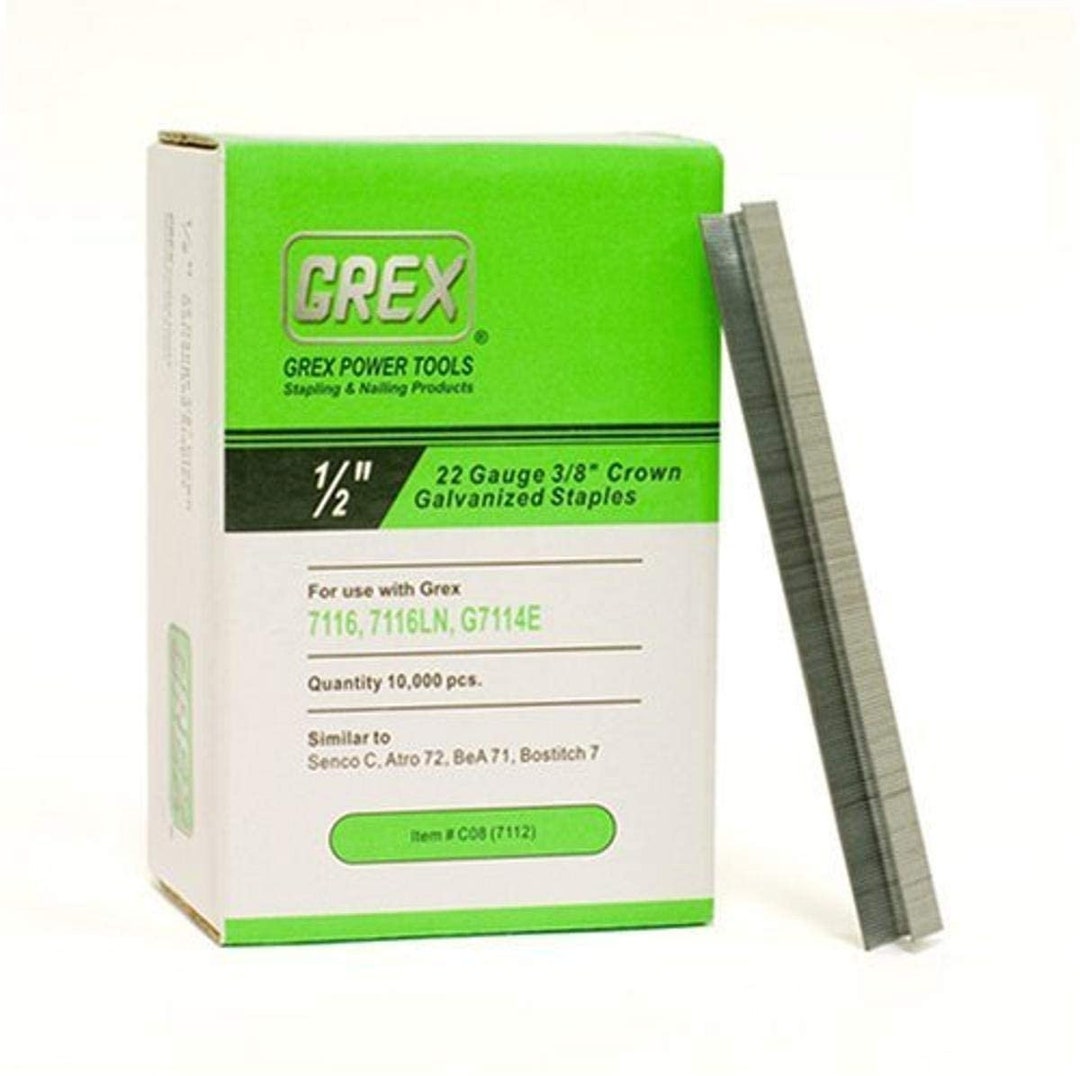 GREX C08 Galvanized Staples – 22 Gauge, 3/8" Crown, 1/2" Length, 10,000 Per Box, For GREX Staplers 71AD, 71AF, 71AF-LM & 71AD-LNS