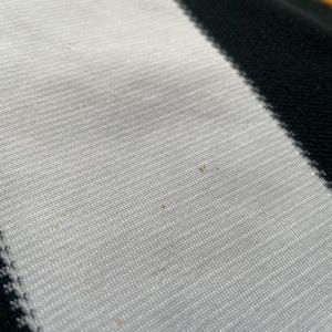 May include: Close-up of a white and black striped fabric. The fabric has a textured appearance with visible weave. The stripes are diagonal, creating a dynamic visual effect. The image is well-lit, highlighting the fabric's details.
