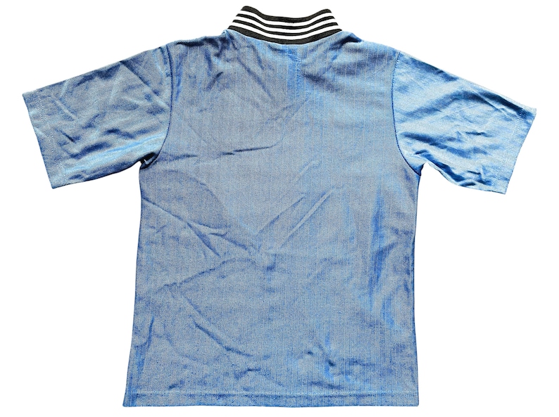 May include: A short-sleeved blue shirt with a ribbed collar featuring black and white stripes. The shirt is made of a shiny, textured fabric. The garment is laid flat, showcasing the back of the shirt.