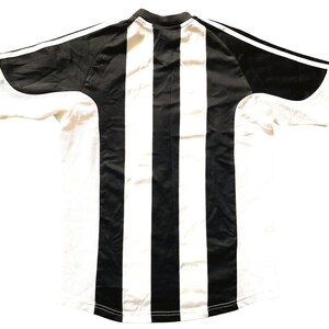 May include: Black and white striped football shirt with a crew neck and short sleeves.