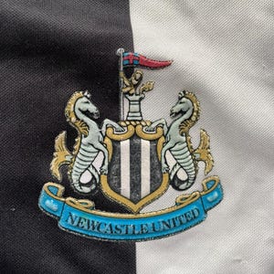 K&ouml;nnte beinhalten: Nahaufnahme eines Newcastle United-Wappens auf einem schwarz-wei&szlig; gestreiften Hintergrund. Das Wappen zeigt zwei Seepferdchen, einen Schild mit vertikalen Streifen und ein Banner mit der Aufschrift "Newcastle United".