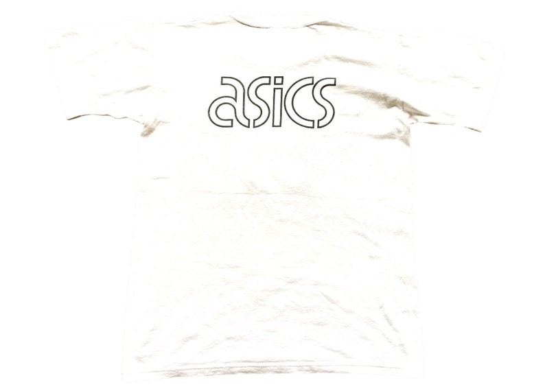May include: White t-shirt with a black "ASICS" logo printed on the front.