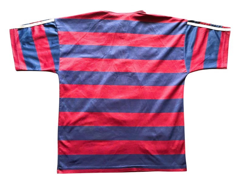 May include: A red and navy blue striped t-shirt with short sleeves. The shirt has horizontal stripes and white accents on the sleeves. The shirt is made of a shiny material.